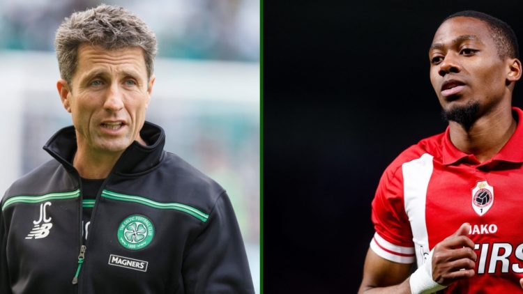 Celtic hero John Collins and Celtic-bound Royal Antwerp star Michel-Ange Balikwisha.