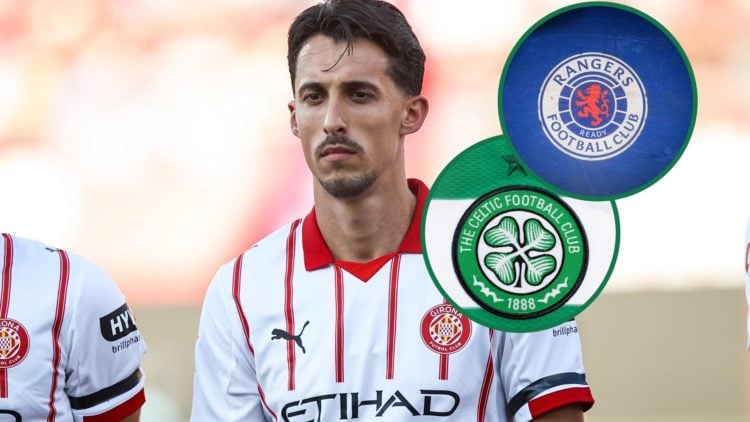 Bojan Miovski of Girona FC plays during the La Liga match vs Rayo Vallecano, an inset of the Celtic badge, an inset of the Rangers badge