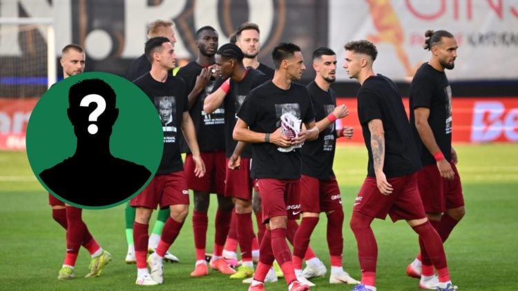 Louis Munteanu and the CFR Cluj side warm up before their Europa League clash vs Braga, an inset of a mystery man