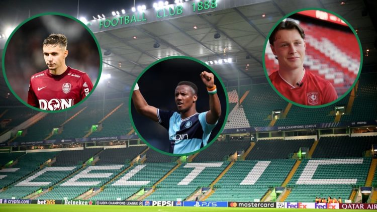 A general view of Celtic Park, inset of Louis Munteanu of Cluj, inset of Sondre Orjasaeter after joining Twente, an inset of Richard Kone celebrati...