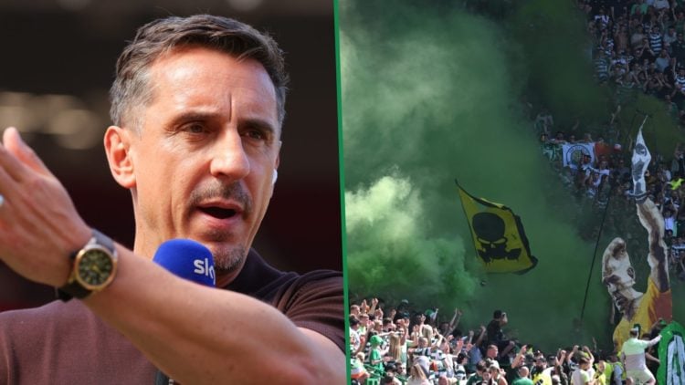 Gary Neville at Old Trafford working for Sky Sports left and Celtic fans let off smoke flares at Celtic Park right
