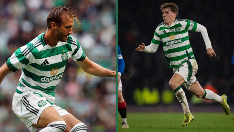 Benjamin Nygren runs with the ball during Sporting CP vs Celtic, Arne Engels runs past a Rangers player in the Premier Sports Cup final