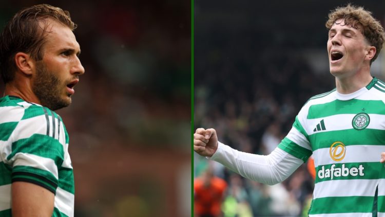 Split image of Celtic midfielder's Arne Engels and Benjamin Nygren.