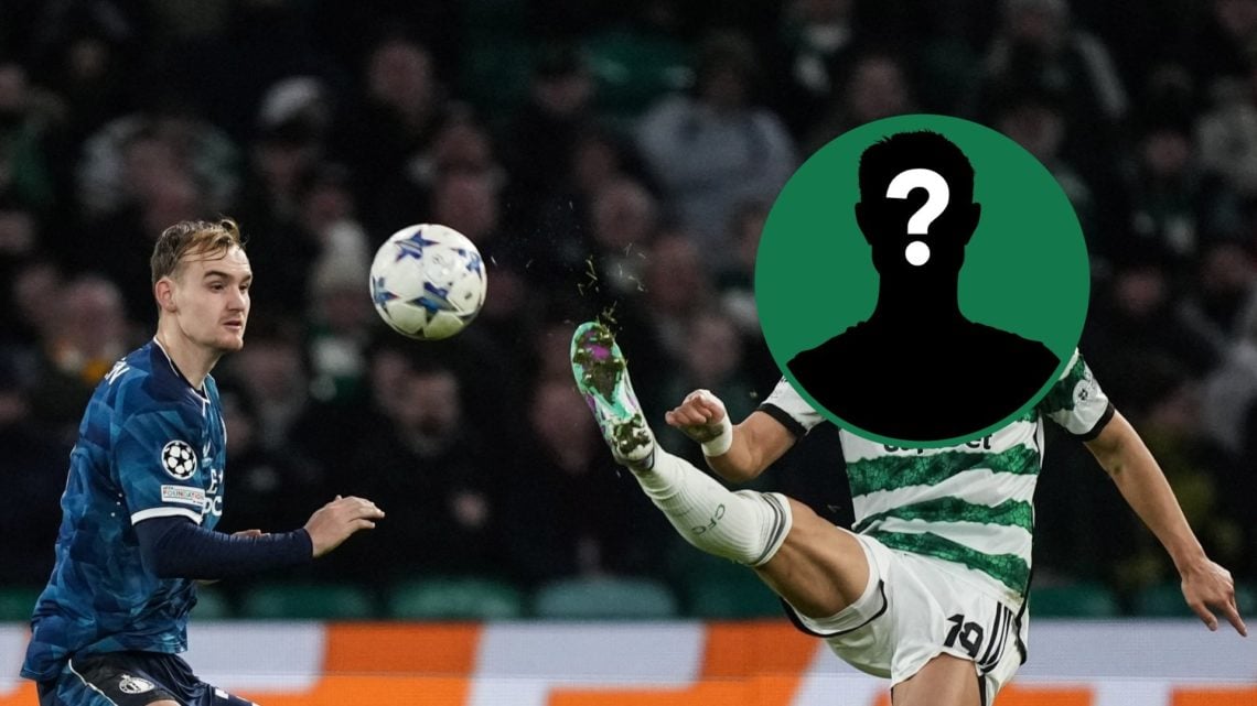 Oh Hyeon-Gyu fights for the ball with a Feyenoord defender during Celtic's Champions League clash, an inset of a mystery man