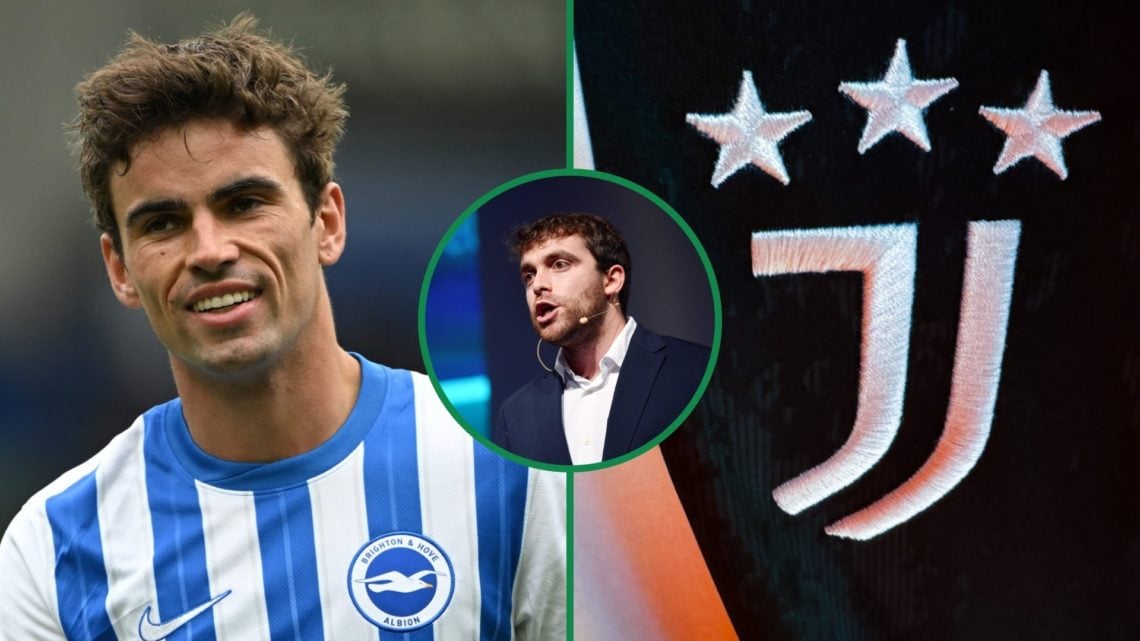 Matt O'Riley smiles during Brighton & Hove Albion game left, transfer journalist Fabrizio Romano speaking at an event centre inset, and close-up vi...