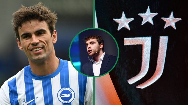 Matt O'Riley smiles during Brighton & Hove Albion game left, transfer journalist Fabrizio Romano speaking at an event centre inset, and close-up vi...