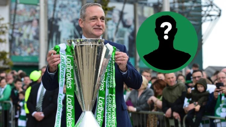 Paul McStay hold the Scottish Premiership trophy before Celtic's clash against Hearts, including an inset of a mystery player.