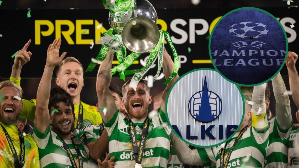 Anthony Ralston of Celtic lifts the Premier Sports Cup trophy, an inset of the Falkirk club badge, an inset of the Champions League logo