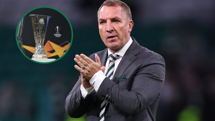 Brendan Rodgers applauds Celtic fans after the win against Falkirk, an inset of the Europa League trophy