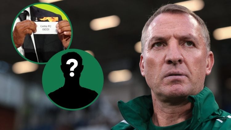 Brendan Rodgers watches on from the touchline during a Celtic game, an inset of Celtic being drawn out of the hat in the Europa League, an inset of...