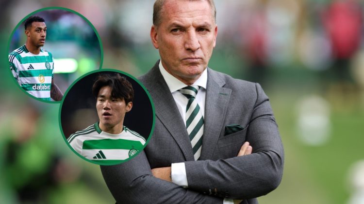 Brendan Rodgers watches on from the sideline during Celtic vs Falkirk, an inset of Adam Idah during Celtic vs Falkirk, an inset of Hyunjun Yang pla...