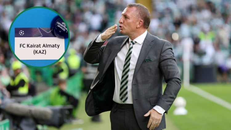 Brendan Rodgers acknowledges the Celtic fans after their game against Falkirk, an inset of the UEFA draw card with Kairat Almaty's name on it