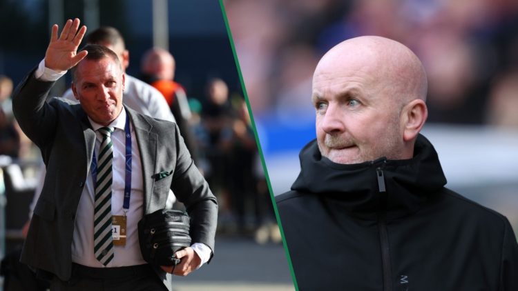 Brendan Rodgers waves to the fans before Celtic vs Kairat Almaty, David Martindale watches on during Rangers vs Livingston