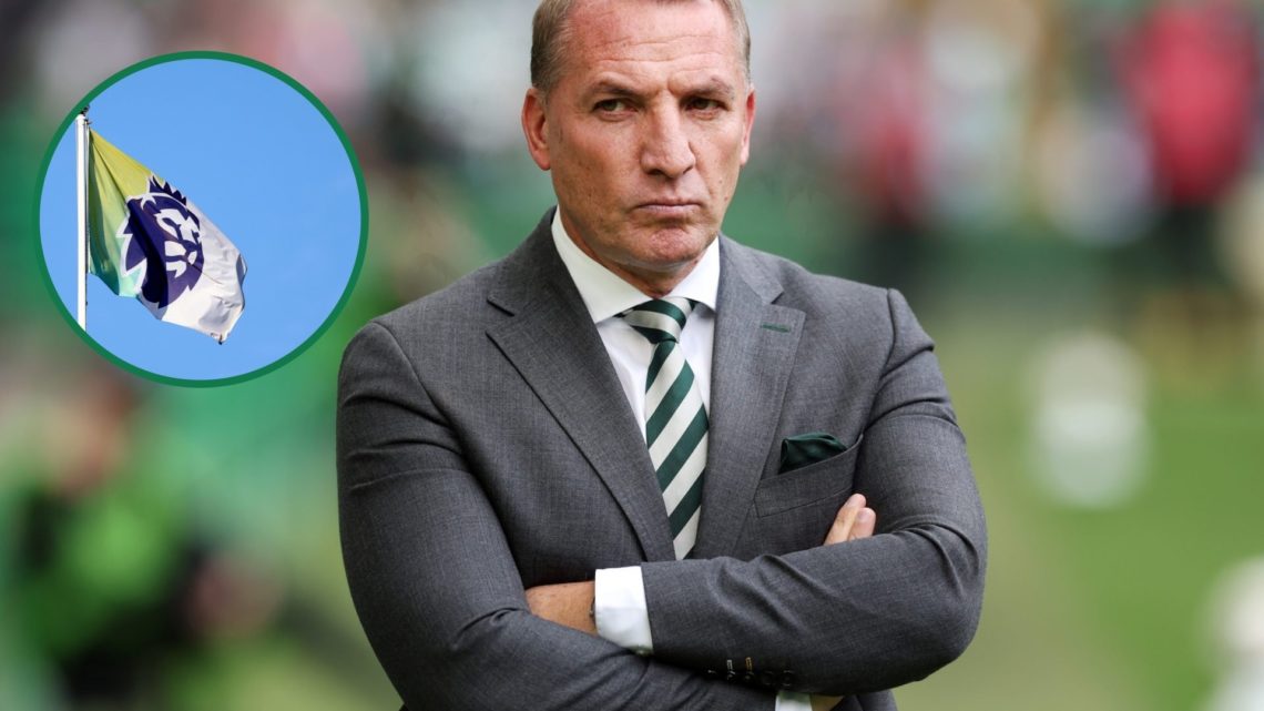Brendan Rodgers watches on during Celtic vs Livingston, The Premier League flag flies above Villa Park