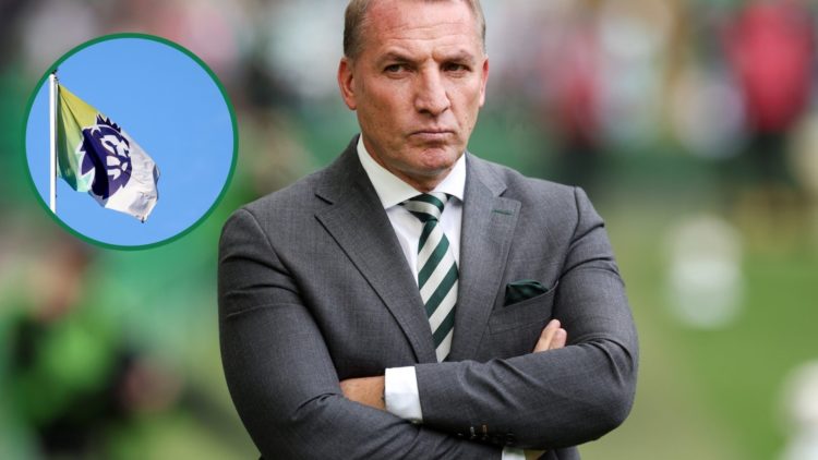 Brendan Rodgers watches on during Celtic vs Livingston, The Premier League flag flies above Villa Park