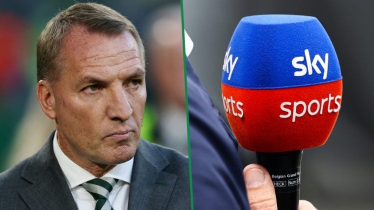 Brendan Rodgers looks on during Celtic vs Kairat Almaty left and detailed view of reporter holding Sky Sports microphone right