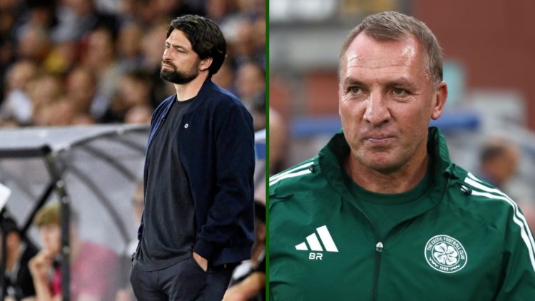 Split image of Russell Martin after Club Brugge humiliated Rangers in the Champions League and Celtic boss Brendan Rodgers.