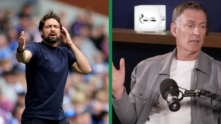 A split image of Russell Martin, Manager of Rangers reacting during their pre-season friendly match between Rangers and Middlesbrough at Ibrox Stad...
