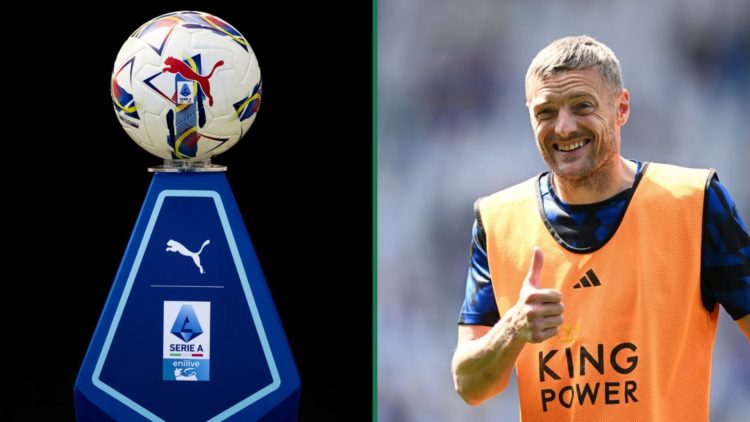 The Serie A logo displayed on a stand holding a football, Jamie Vardy gestures a thumbs up before Leicester City vs Ipswich Town