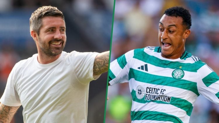 Swansea City boss Alan Sheehan left and Celtic's Adam Idah in action during a pre-season friendly right