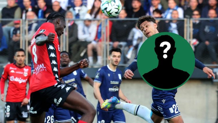 Kalidou Sidibe (left) heading the ball for Guingamp against Dunkerque, an inset of a mystery man