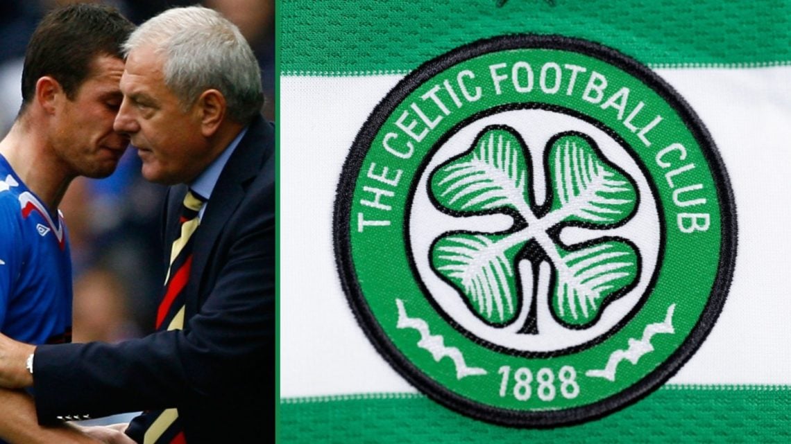 Walter Smith and Barry Ferguson chat during Rangers vs Celtic match left and detailed view of Celtic badge right