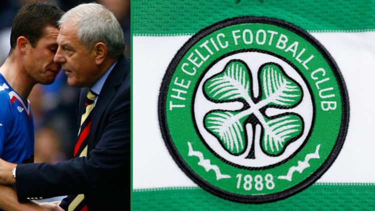 Walter Smith and Barry Ferguson chat during Rangers vs Celtic match left and detailed view of Celtic badge right