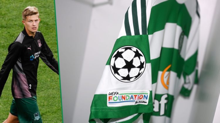 Yegor Sorokin of Krasnador before facing Zenit St Petersburg left and Champions League badge shown on Celtic home jersey sleeve right