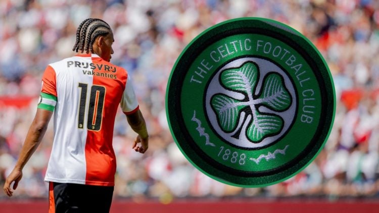 Calvin Stengs during a Feyenoord pre-season friendly left and detailed view of the Celtic badge on home jersey right