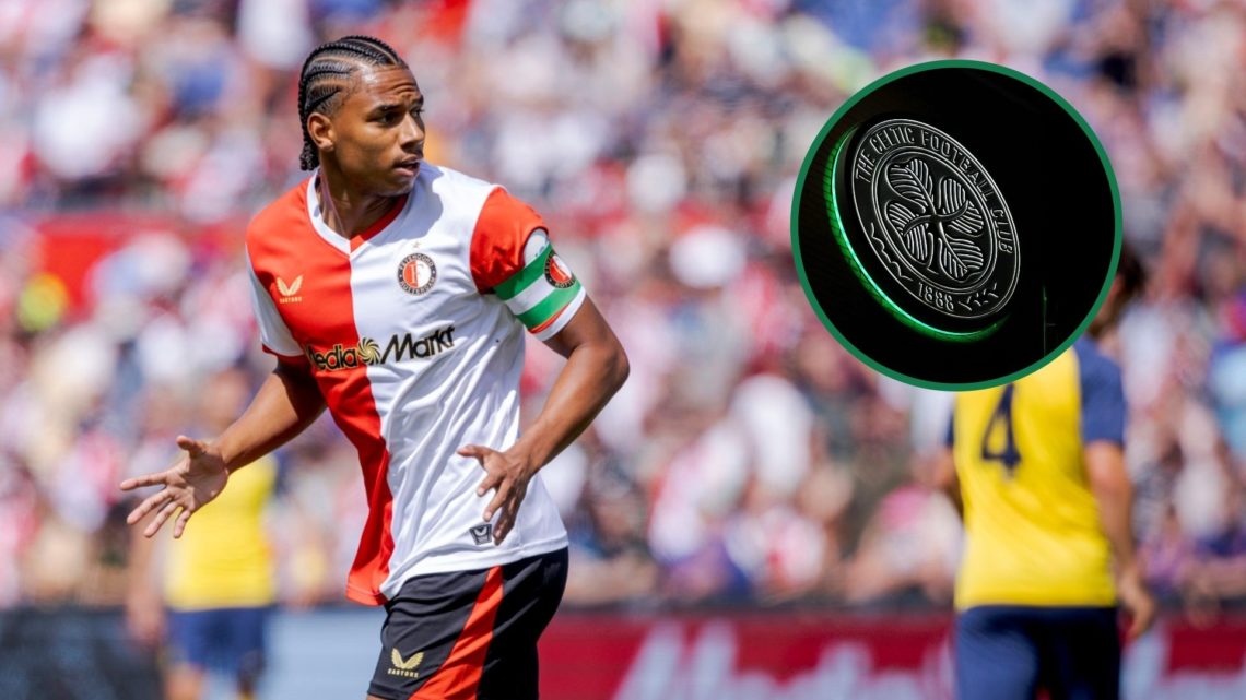 Calvin Stengs during Feyenoord's friendly vs Royale Union SG, an inset of the Celtic badge lit up outside Parkhead