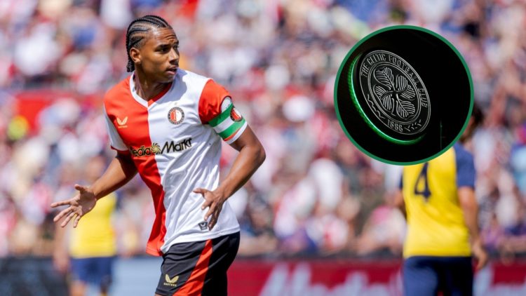 Calvin Stengs during Feyenoord's friendly vs Royale Union SG, an inset of the Celtic badge lit up outside Parkhead
