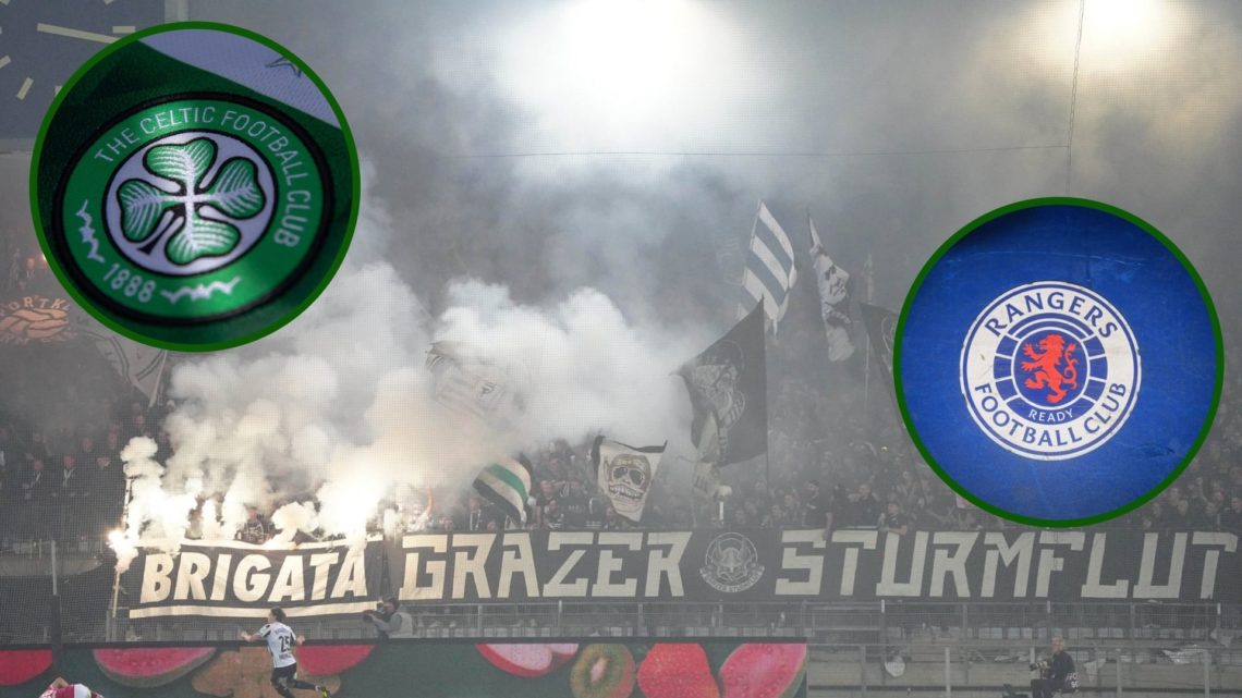 Image of Sturm Graz' stadium the Merkur Arena with an overlay of Celtic and Rangers badges.