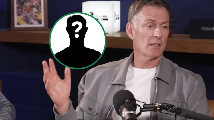 Chris Sutton speaking on the SPFL's The Warm-Up podcast with mystery Celtic player overlay inset left