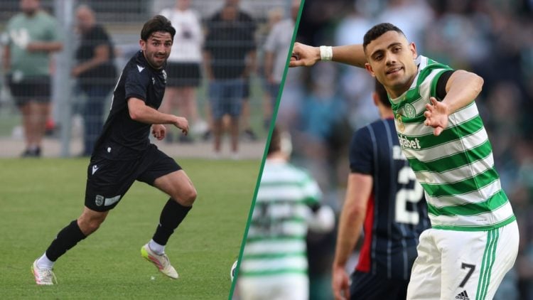 Greg Taylor in action for PAOK during a pre-season friendly, Giorgos Giakoumakis of Celtic celebrates after he scores against Ross County