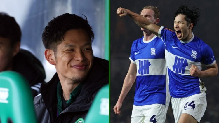 Split image of Tokoki Iwata sitting on the Celtic bench and playing for Birmingham City in League One.