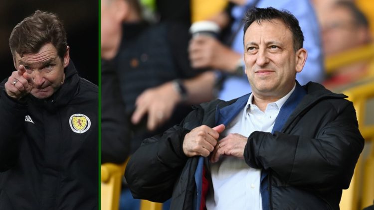 Split image of Brighton owner Tony Bloom who has invested in Hearts and Celtic hero Peter Grant coaching Scotland.
