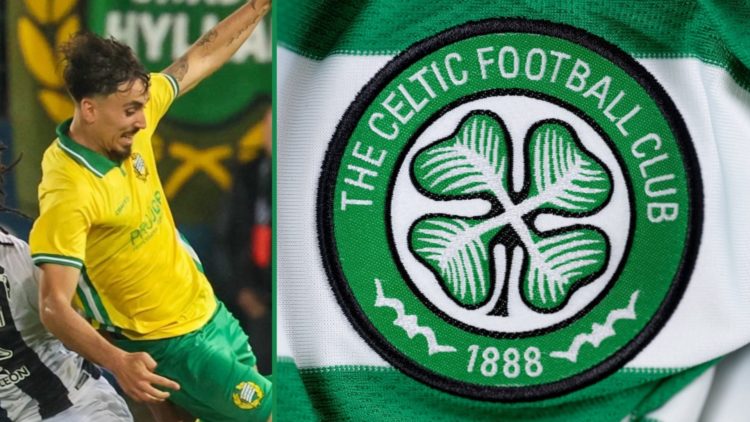 Hammarby winger Sebastian Tounekti battling for the ball left and Celtic badge shown on home jersey right