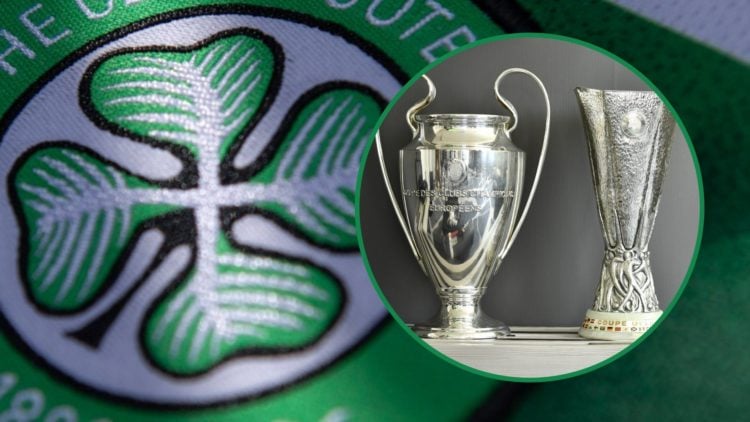 Detailed view of Celtic badge shown on home jersey in background with Champions League and Europa League trophies inset right