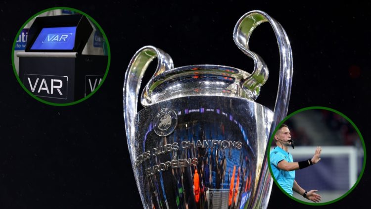 Image of the Champions League trophy and match official Espen Eskas for Celtic vs Kairat Almaty and VAR overlay.