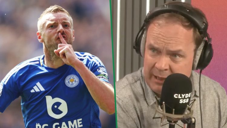 Jamie Vardy celebrates his final goal for Leicester City left and Roger Hannah speaking live on the Clyde 1 Superscoreboard radio show right