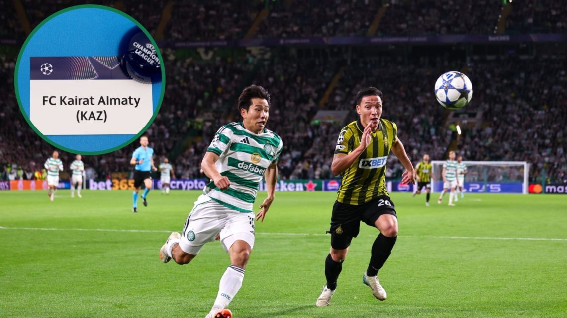 Shin Yamada chases down the ball during Celtic vs Kairat Almaty, an inset of the Kairat Almaty Champions League card