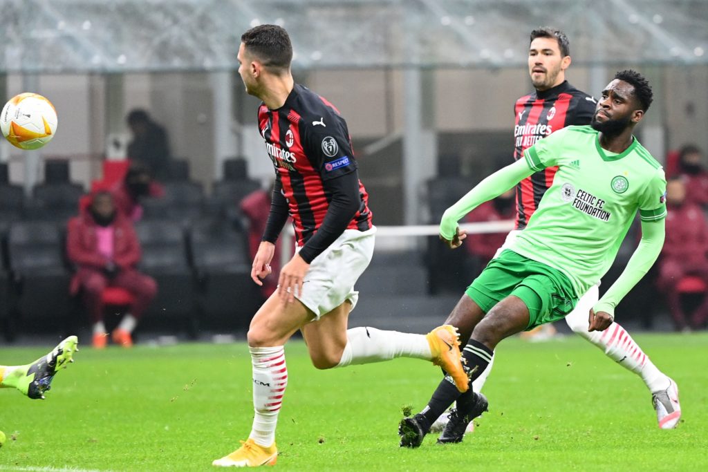 Celtic's French forward Odsonne Edouard (R) shoots to score his team's second goal during the UEFA Europa League Group H football match AC Milan vs Celtic