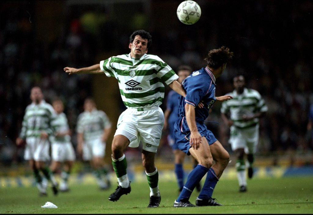 Darren Jackson of Celtic fights for a 50/50 ball with Zagreb player Dario Stimic