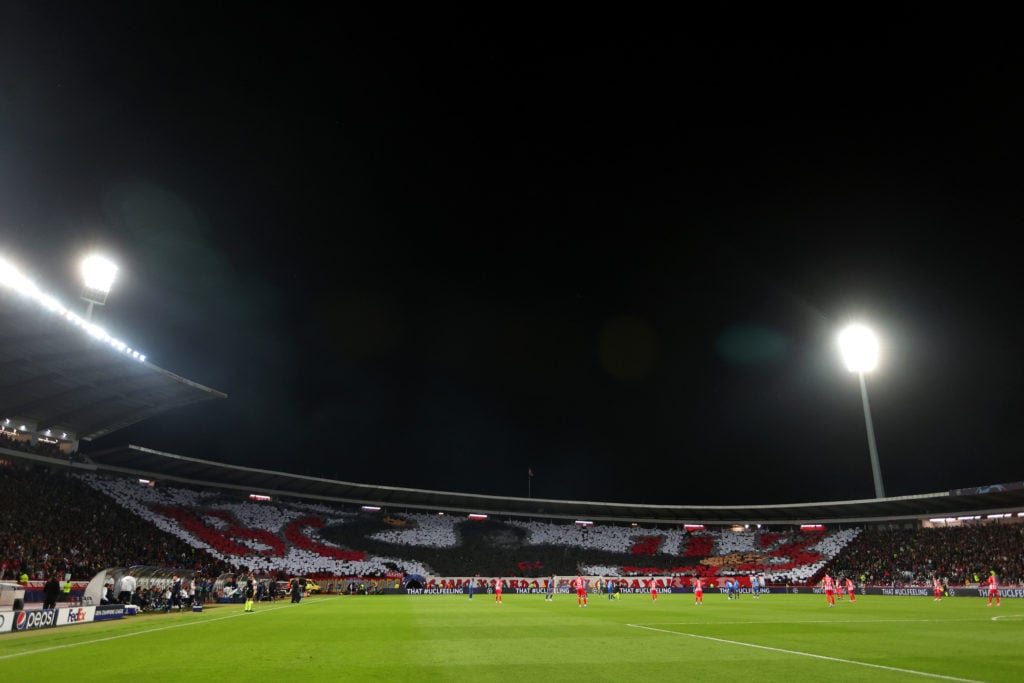 A general view of play during the UEFA Champions League match between FK Crvena zvezda and RB Leipzig at Stadion Rajko Mitić
