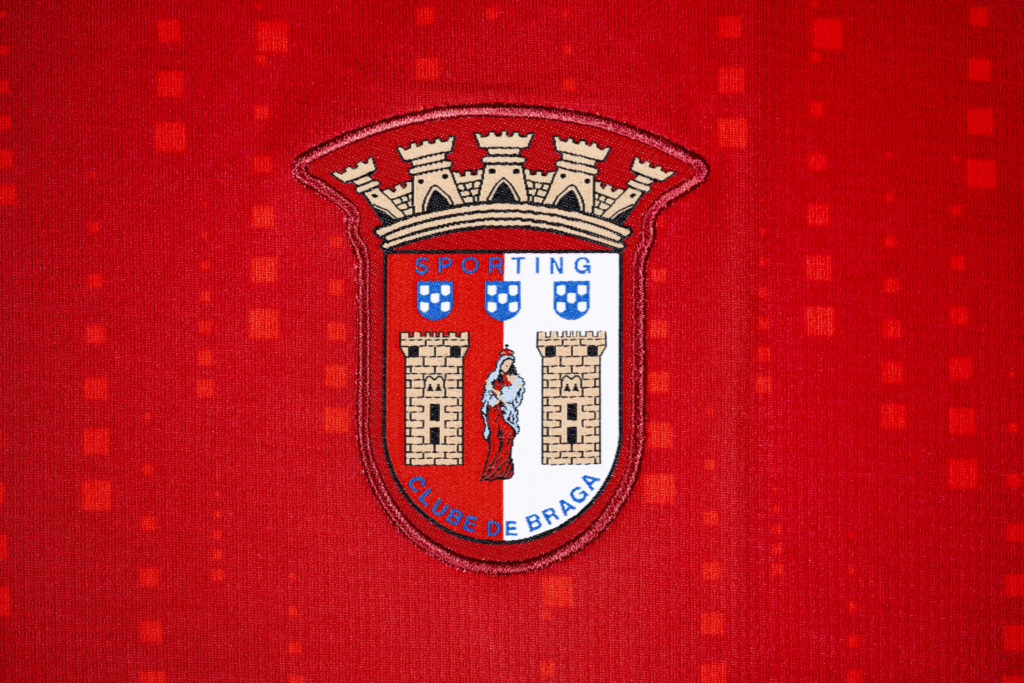A detailed view of the badge of SC Braga on the jersey during the UEFA Champions League 2023/24 Group Stage Teams Jerseys Shoot at The House of the European Football