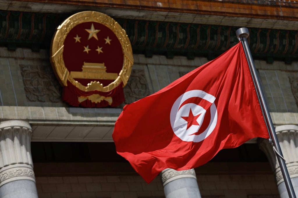 The flag of Tunisia being waved as the Tunisian President Kais Saied visits China.