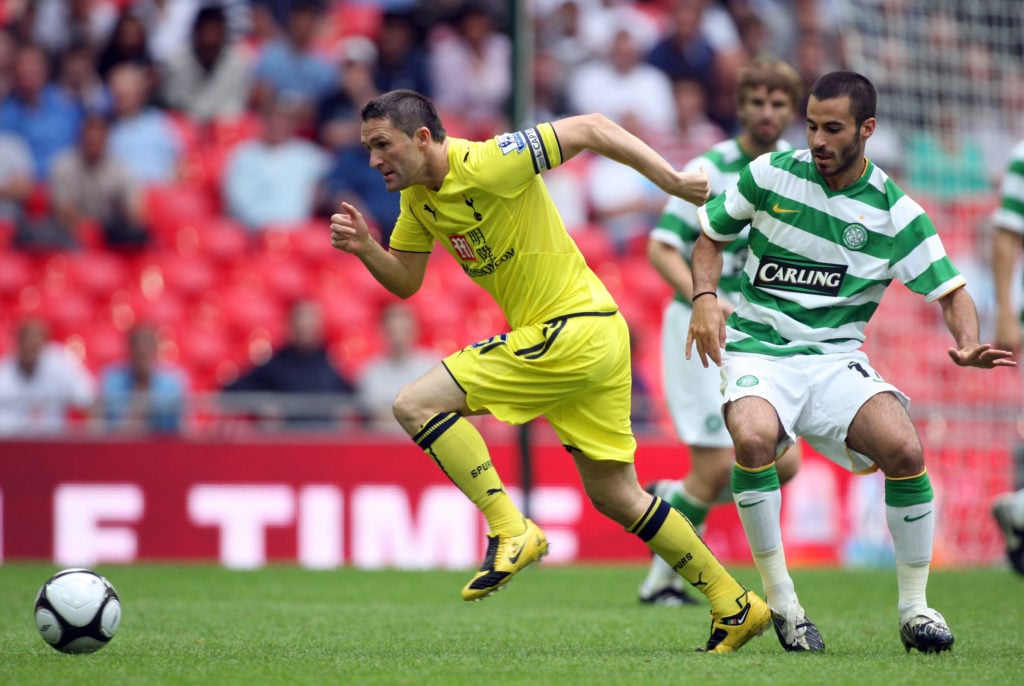 Robbie Keane of Tottenham Hotspur and Marc Crosas of Glasgow Celtic challenge during the Wembley Cup match between Tottenham Hotspur and Glasgow Celtic at Wembley