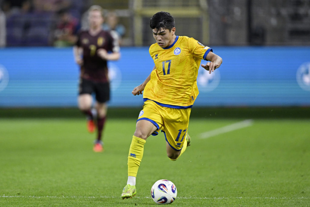 Galymzhan Kenzhebek of Kazakhstan during the World Cup Qualifier match between Belgium v Kazakhstan