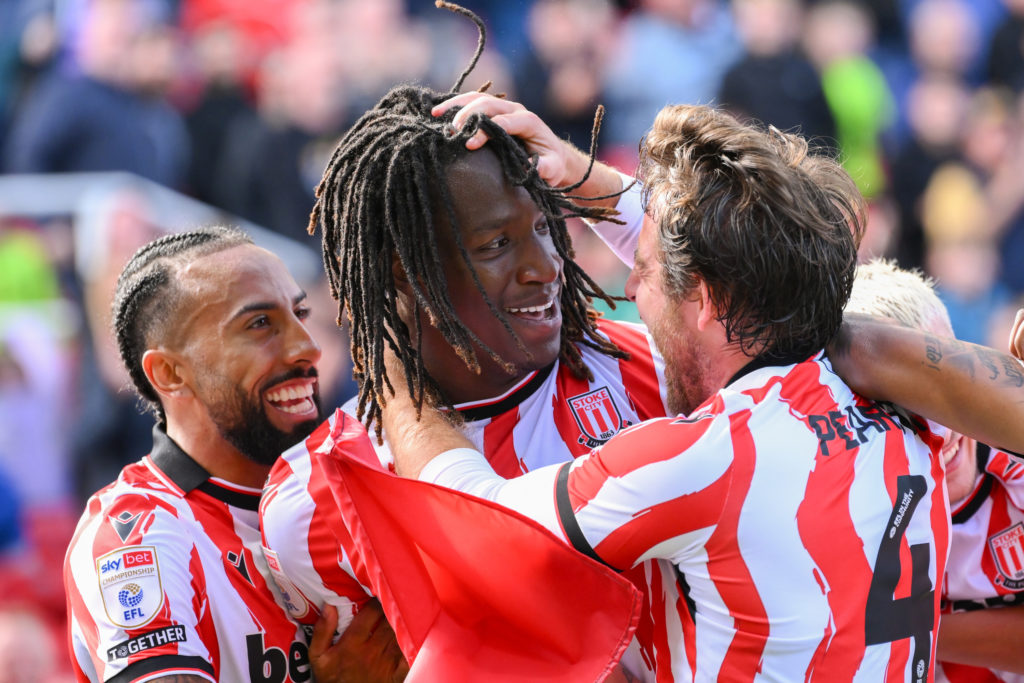 Bosun Lawal of Stoke City celebrates his goal against Birmingham City