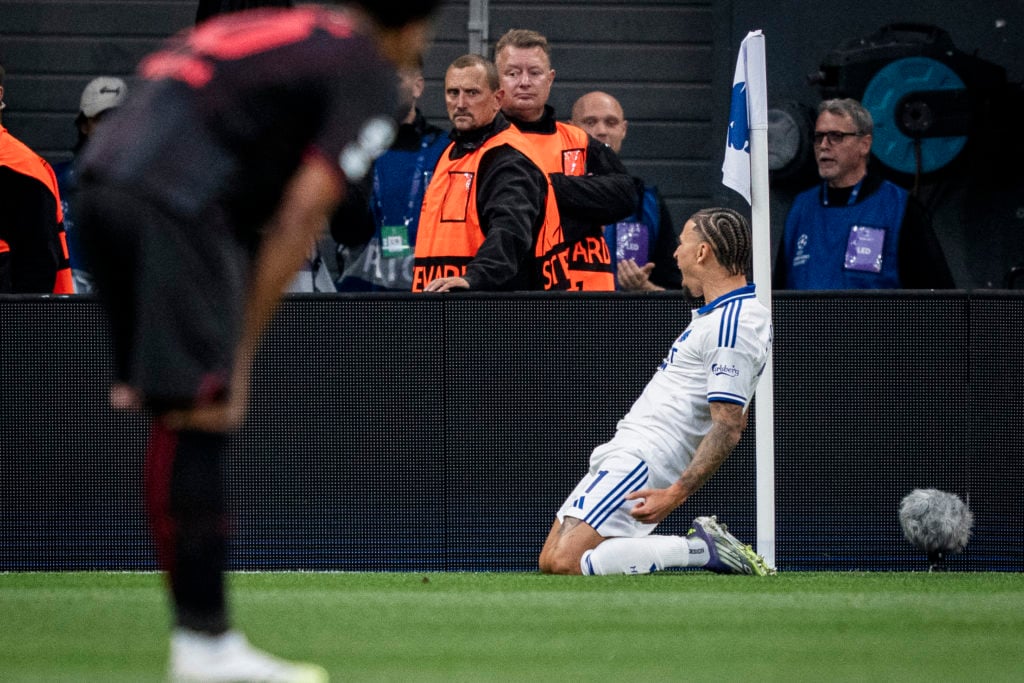 Jordan Larsson celebrates after scoring the 1-0 goal during the UEFA Champions League league phase day 1 football match between FC Copenhagen and Bayer Leverkusen